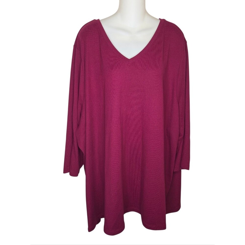 Denim & Co. Essentials Plus Size 5X Tunic, Ribbed Knit V-Neck Top, Burgundy